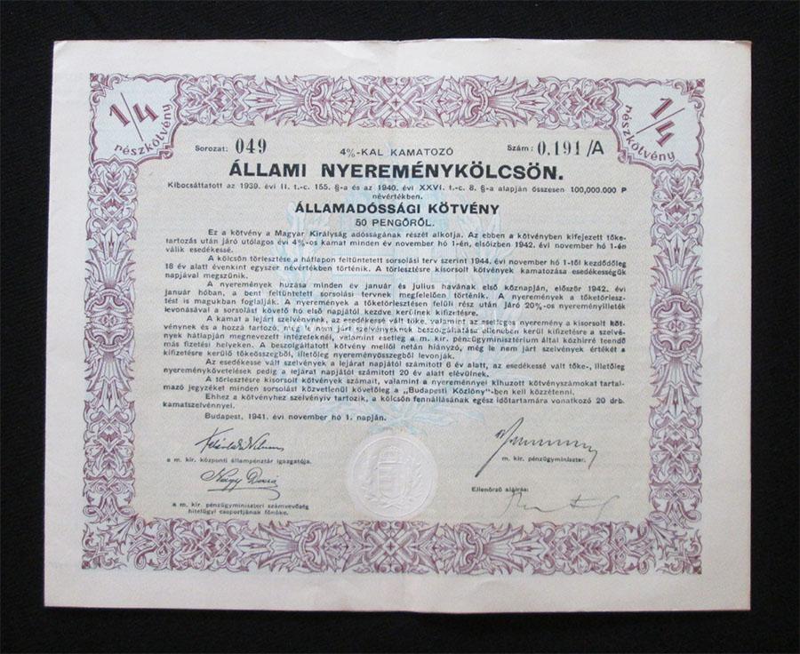 Államadóssági kötvény Erdélyi Nyereménykölcsön 50 pengõ 1941